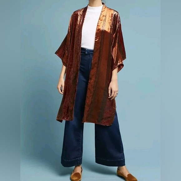 Anthropologie Ett:Twa Bronze Long Line Velvet Kimono Sparkly Jacket Size M/L - Picture 4 of 6